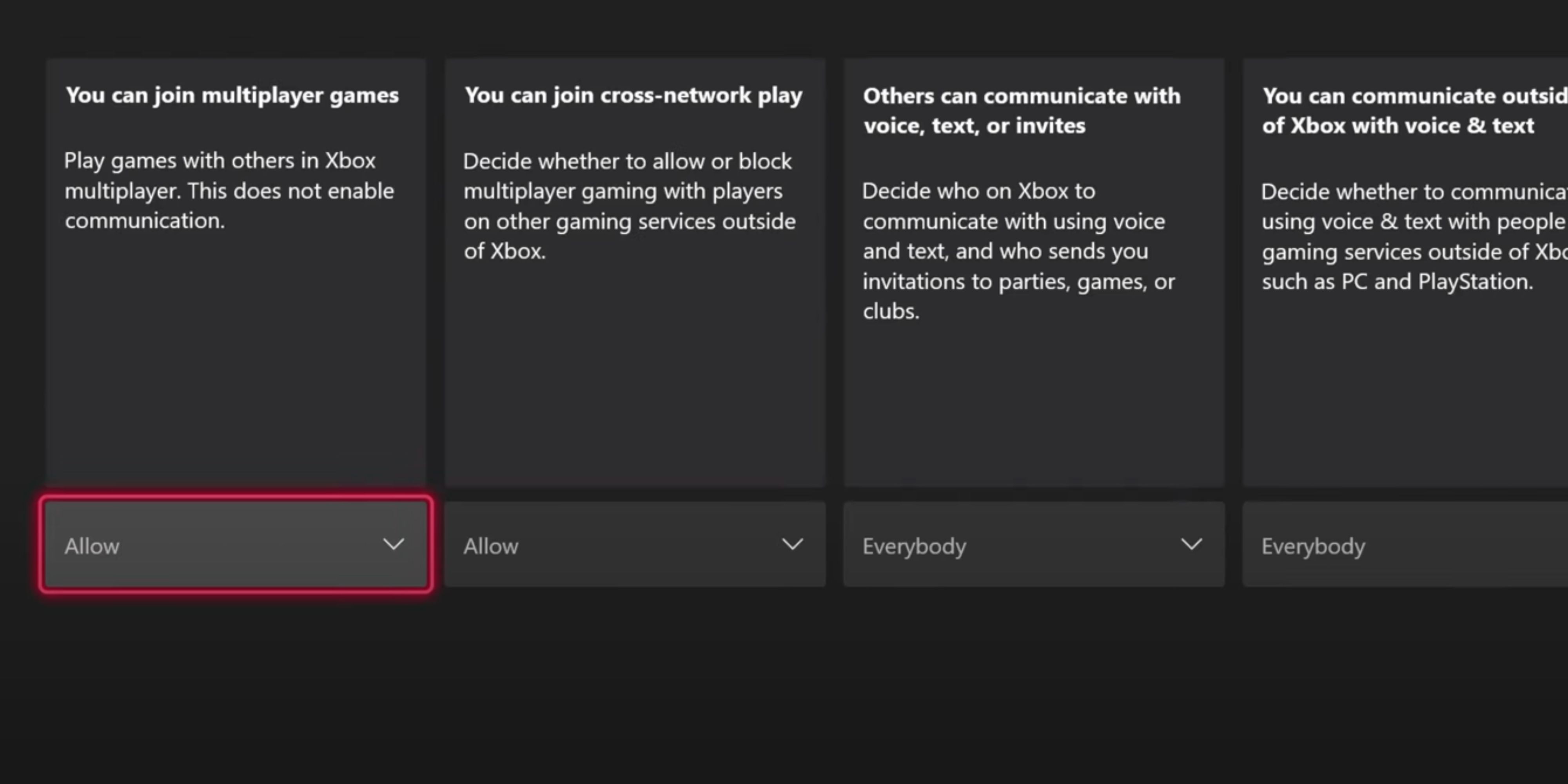 Crossplay settings for the Xbox console.