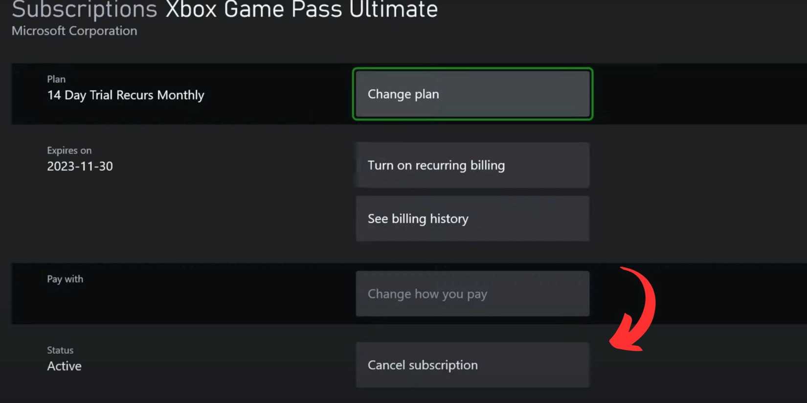 how to cancel xbox game pass subscription on xbox consoles.