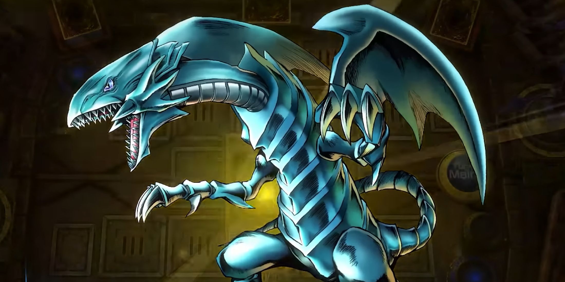 A screenshot from Yu-Gi-Oh Master Duel showing the summoning animation for the Blue-Eyes White Dragon.