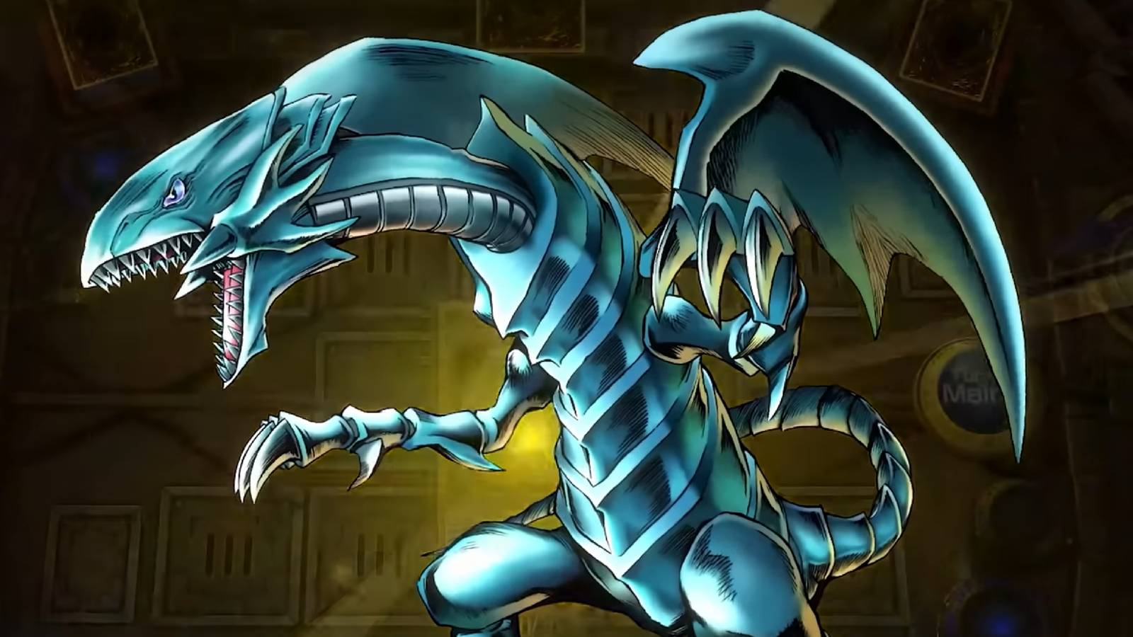 A screenshot from Yu-Gi-Oh Master Duel showing the summoning animation for the Blue-Eyes White Dragon.