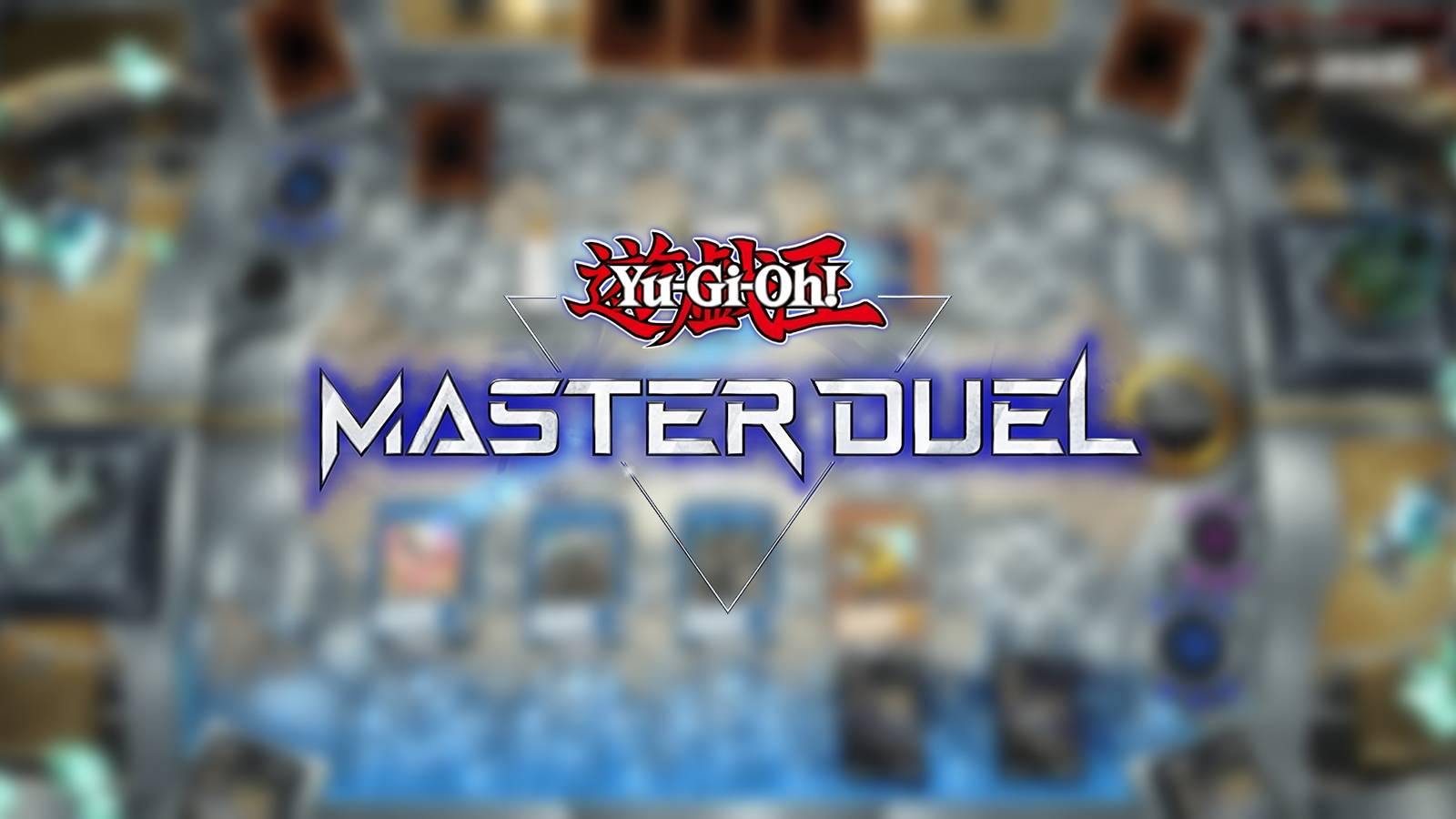 A blurred screenshot from Yu-Gi-Oh Master Duel, overlayed with Yu-Gi-Oh Master Duel's logo.