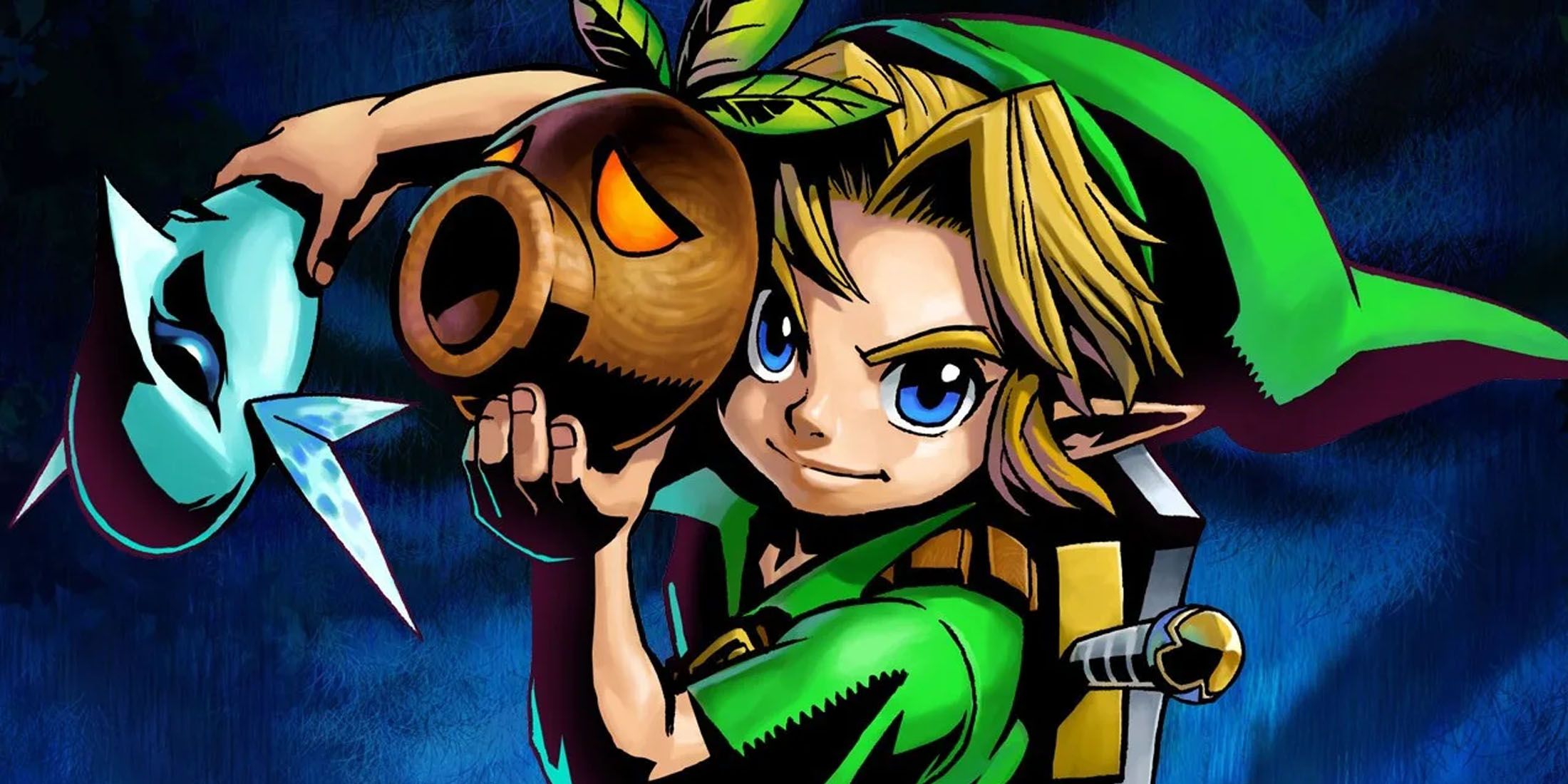 A promotional image of Link holding masks from The Legend of Zelda: Majora's Mask.