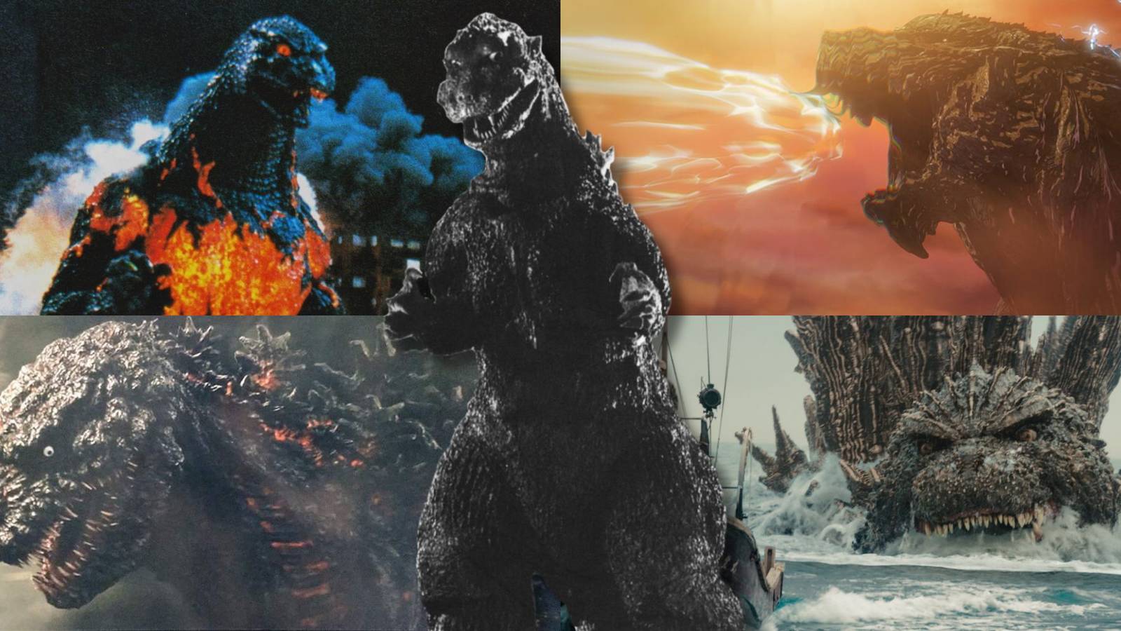 A collage of different incarnations of Godzilla from some of his darker movies: Godzilla (1954), Burning Godzilla from Vs. Destoroyah, Godzilla Earth, Shin Godzilla and Godzilla Minus One.