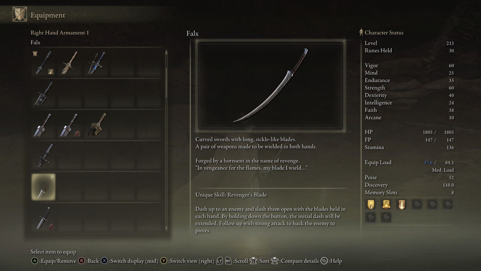Description of the Falx curved sword in Elden Ring Shadow of the Erdtree