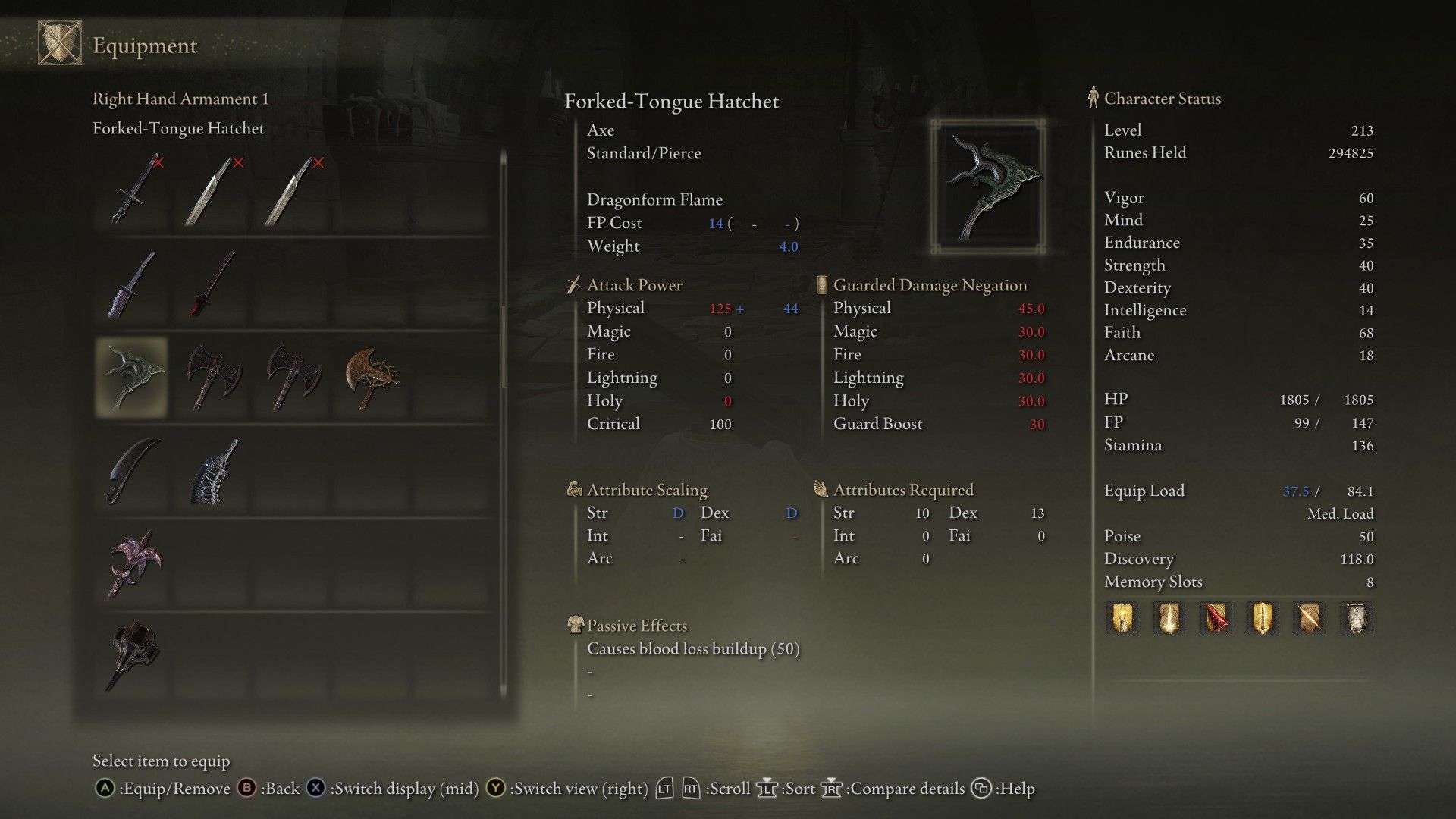 Base stats of the Forked-Tongue Hatchet in Elden Ring: Shadow of the Erdtree