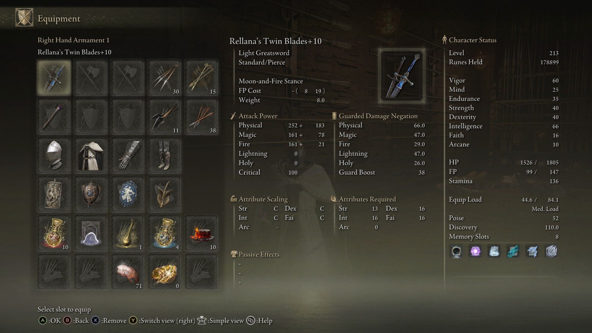 Stats on a maxed out Rellana's Twin Blades in Elden Ring Shadow of the Tree