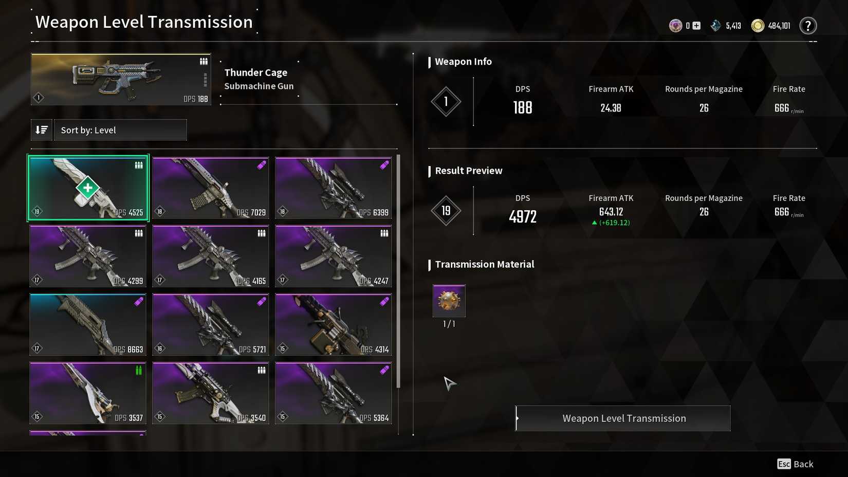 The Weapon Level Transmission Screen in The First Descendant 