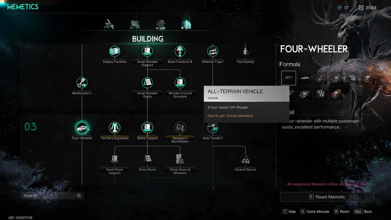 The All Terrain Vehicle in Once Human's memetics screen