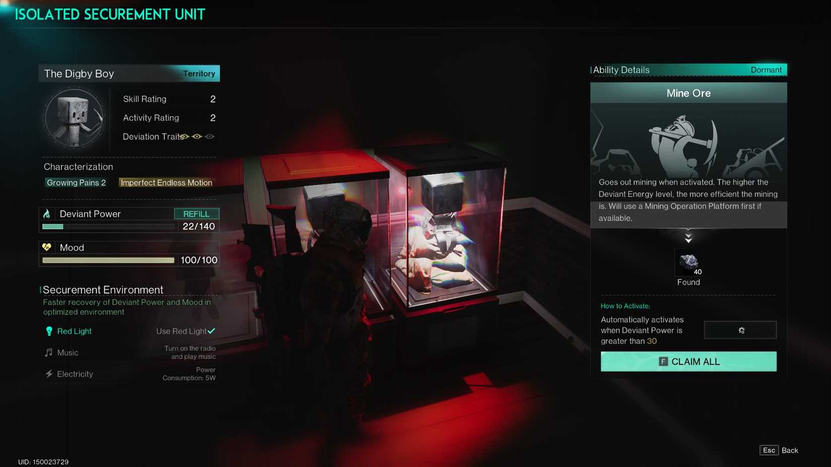 Digby Boy in its securement unit in Once Human