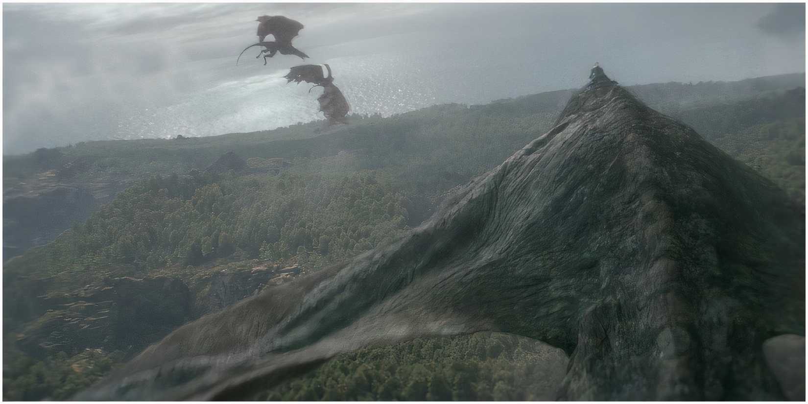 Aemond and Vhagar approach Meleys and Sunfyre above Rook's Rest in House of the Dragon.