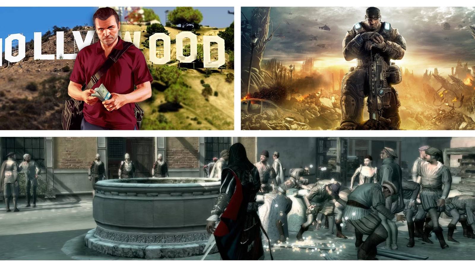 A split image of Grand Theft Auto 5, Gears of War 3, and Assassin's Creed 2