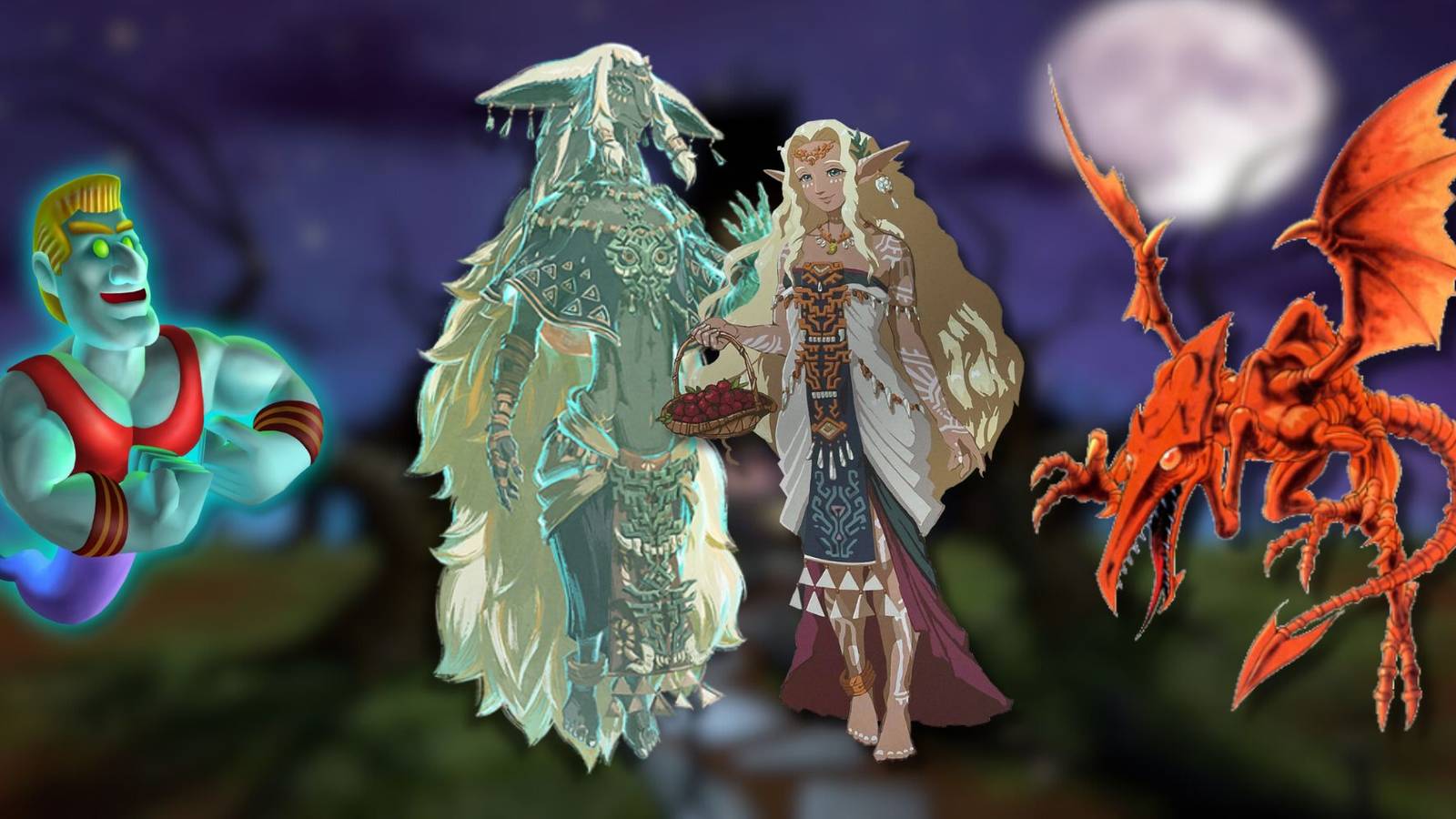 A collage of various Nintendo characters who have canonically died: Biff Atlas from Luigi's Mansion, King Rauru & Queen Sonia from The Legend of Zelda: Tears of the Kingdom and Ridley from the Metroid series.