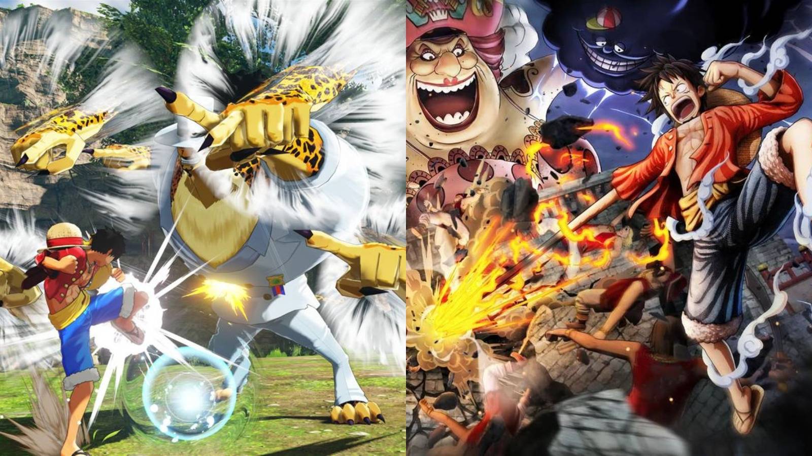 A collage with examples of some of the best combat systems in One Piece games: World Seeker and Pirate Warriors 4.