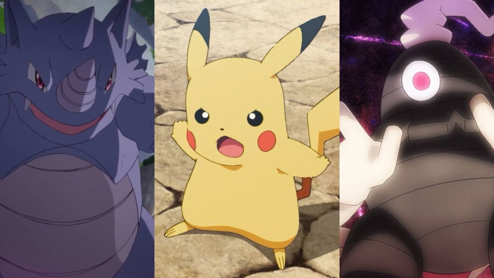 A collage of Pokemon that are better than their evolutions: Rhydon, Pikachu and Dusclops.