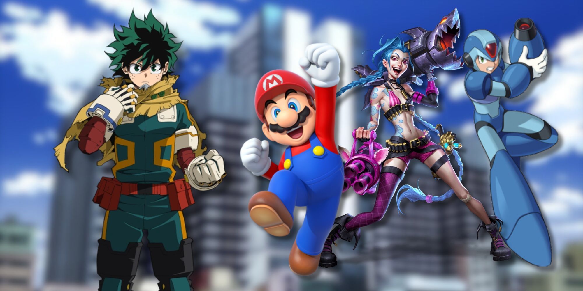 A collage of Izuku Midoriya alongside characters from several video games that have been referenced in My Hero Academia: Mario from Super Mario Bros, Jinx from League of Legends and X from Mega Man X.