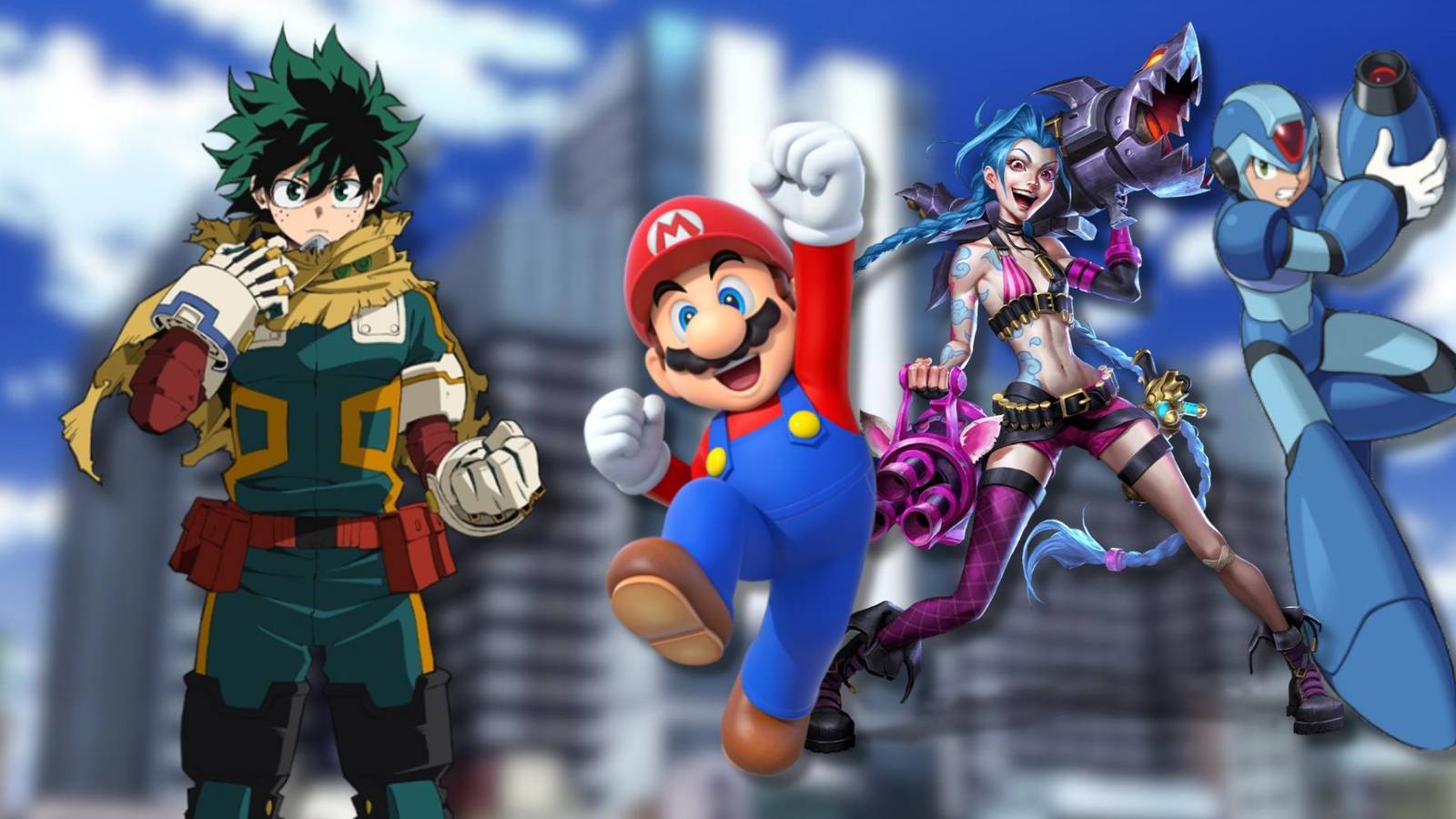 A collage of Izuku Midoriya alongside characters from several video games that have been referenced in My Hero Academia: Mario from Super Mario Bros, Jinx from League of Legends and X from Mega Man X.