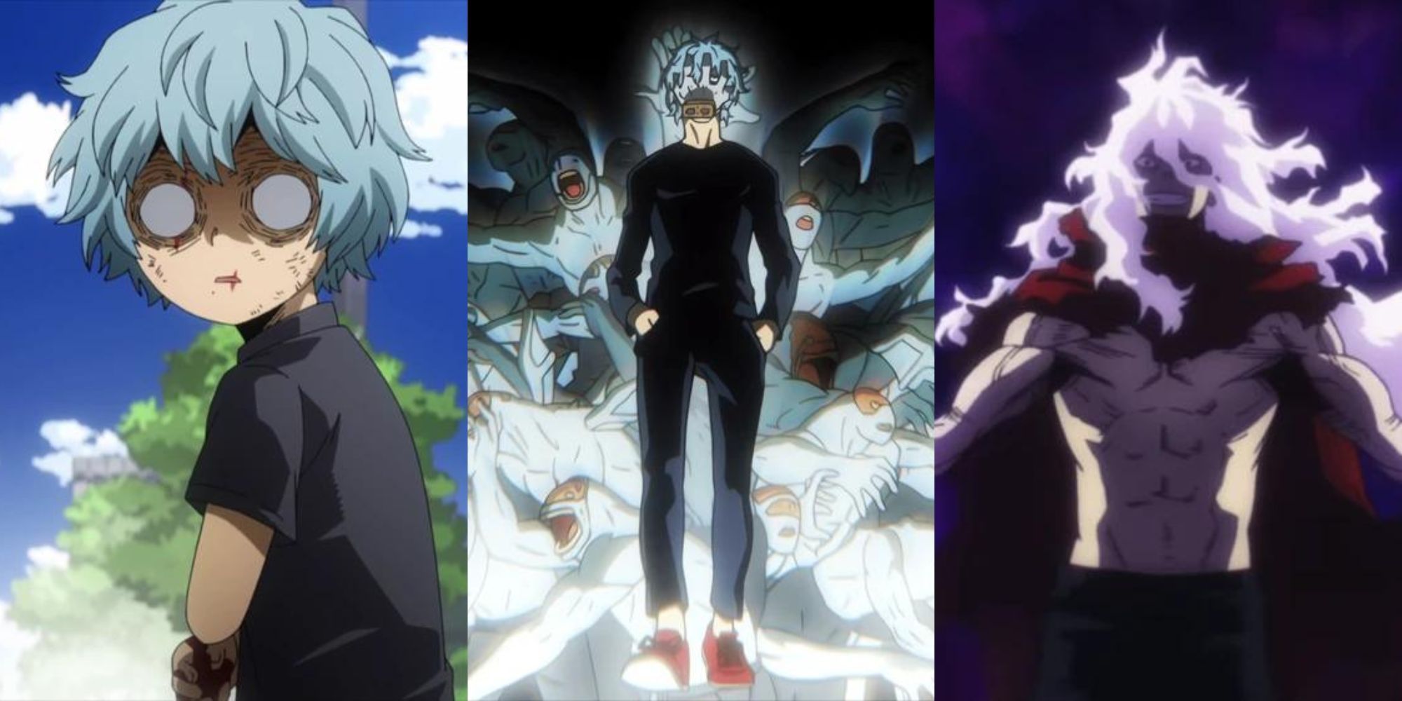 A collage of Tomura Shigaraki from My Hero Academia throughout his life: When he was a kid, his design at the beginning of the series, and his menacing appearance at the end of the series.