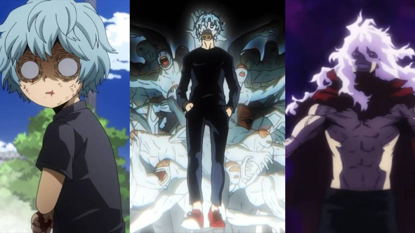 A collage of Tomura Shigaraki from My Hero Academia throughout his life: When he was a kid, his design at the beginning of the series, and his menacing appearance at the end of the series.