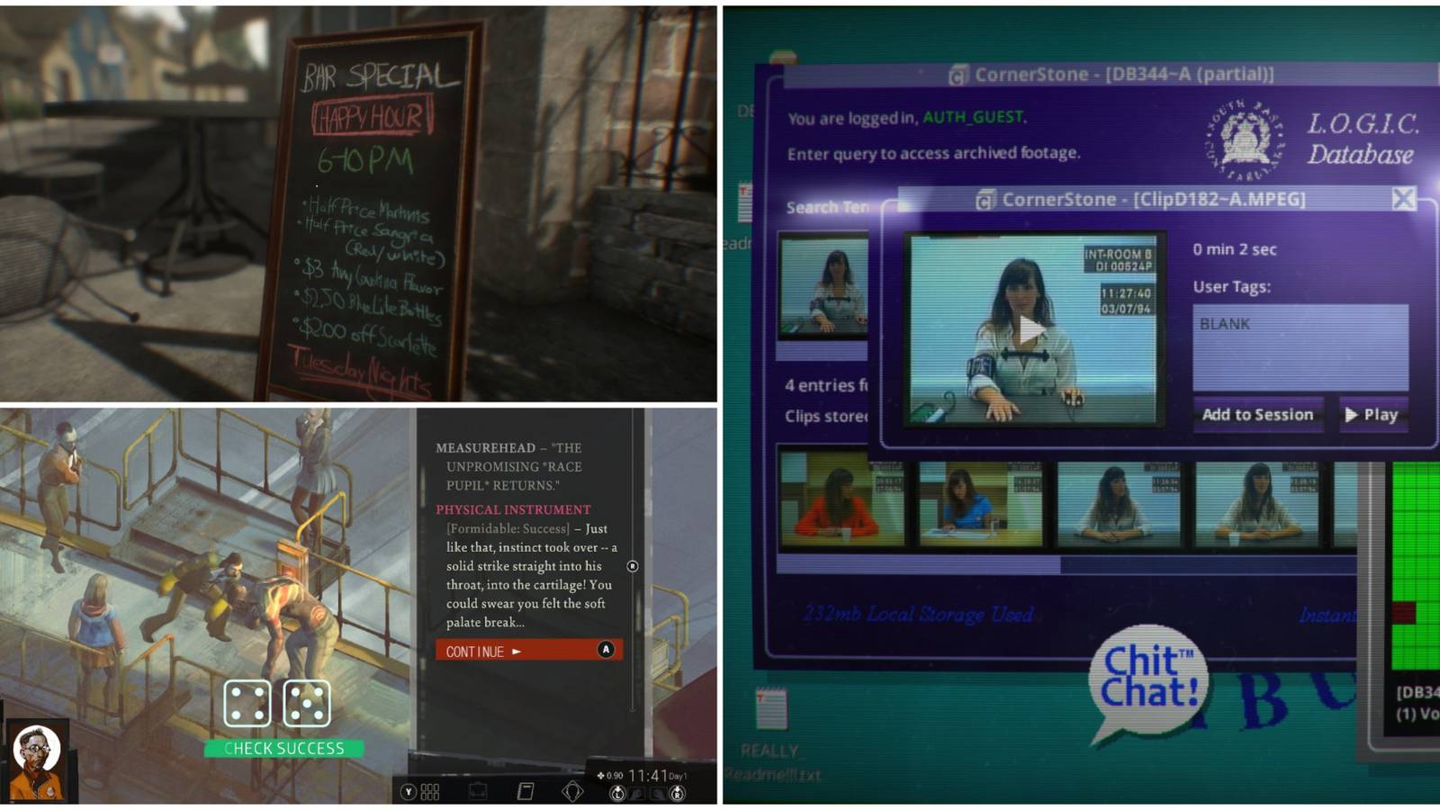 A split imahe of The Painscreek Killings, Disco Elysium, and Her Story