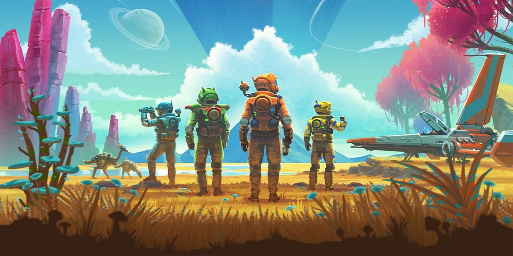 A group of characters exploring a planet in No Man's Sky