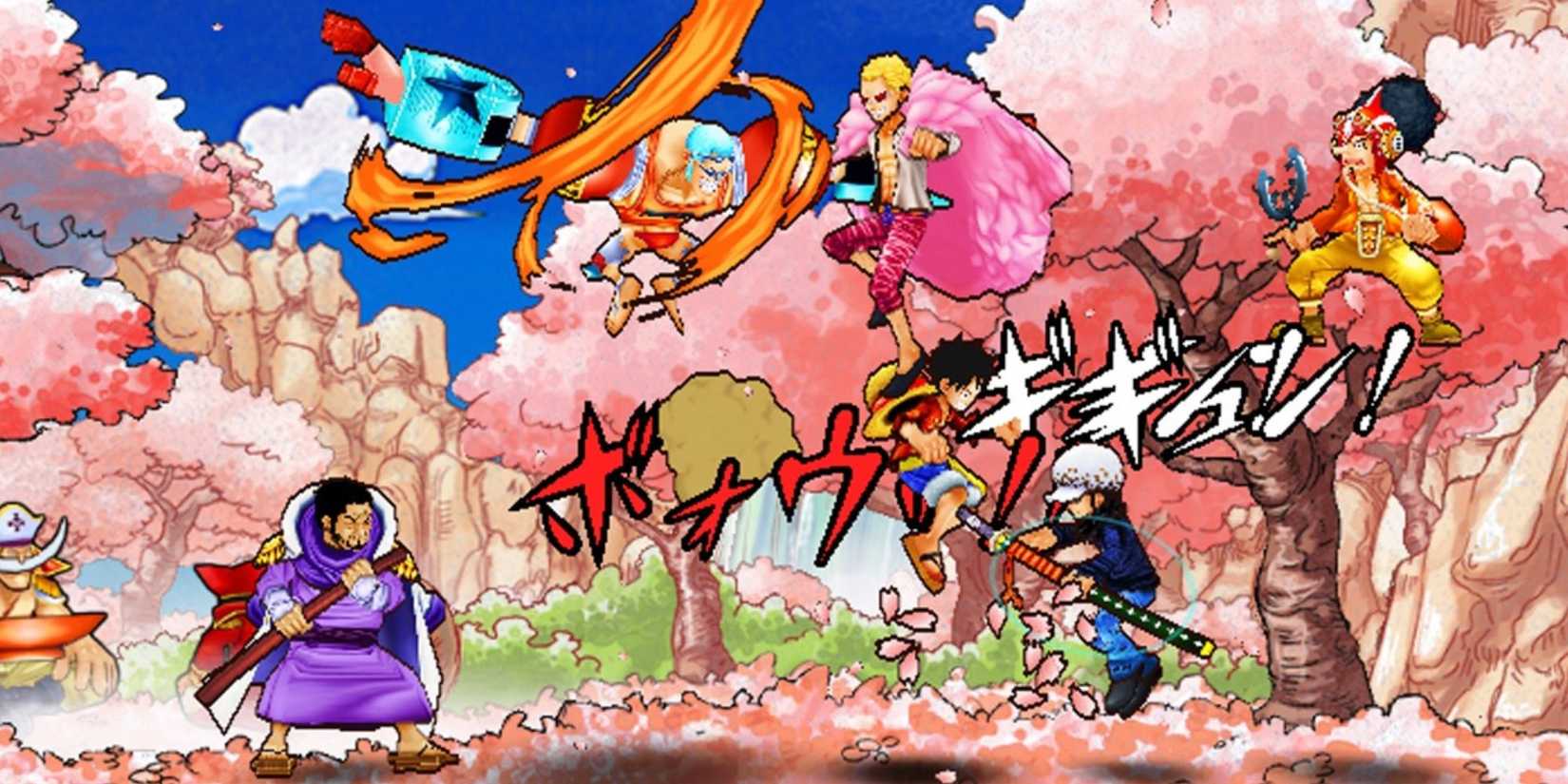 A huge fight between Fujitora, Franky, Doflamingo, Law, Usopp and Luffy.