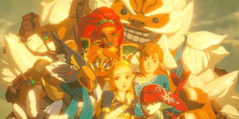 A portrait of Link and Zelda alongside Revali, Urbosa, Mipha and Daruk.