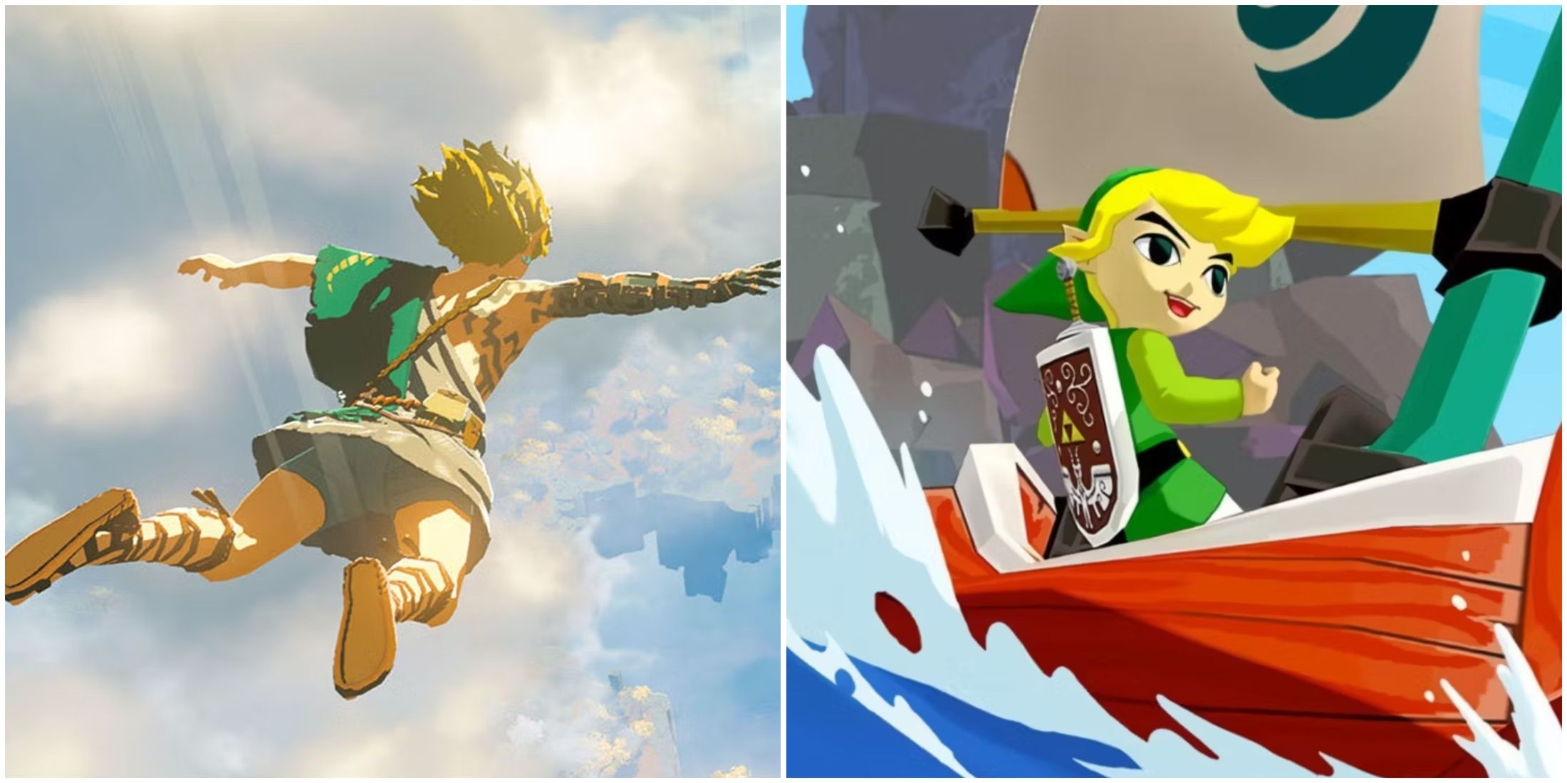 A split image of Link in The Legend of Zelda Tears of the Kingdom and Wind Waker