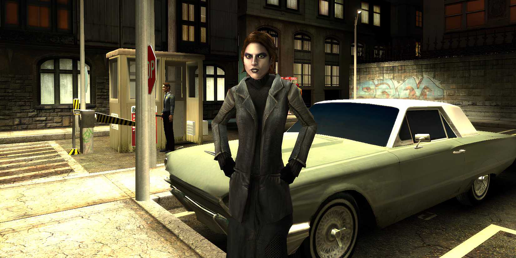 A woman in a leather coat stands near a classic car on a city street in Vampire The Masquerade