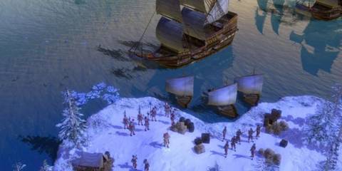 Ships and soldiers on a snowy coastline in Age of Empires 3