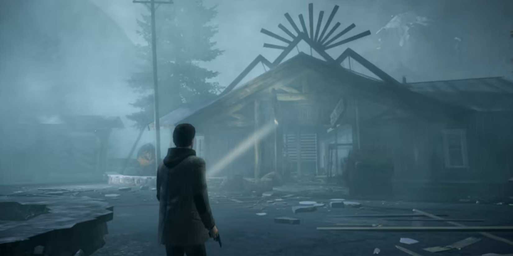 alan wake shining flashlight on run down building