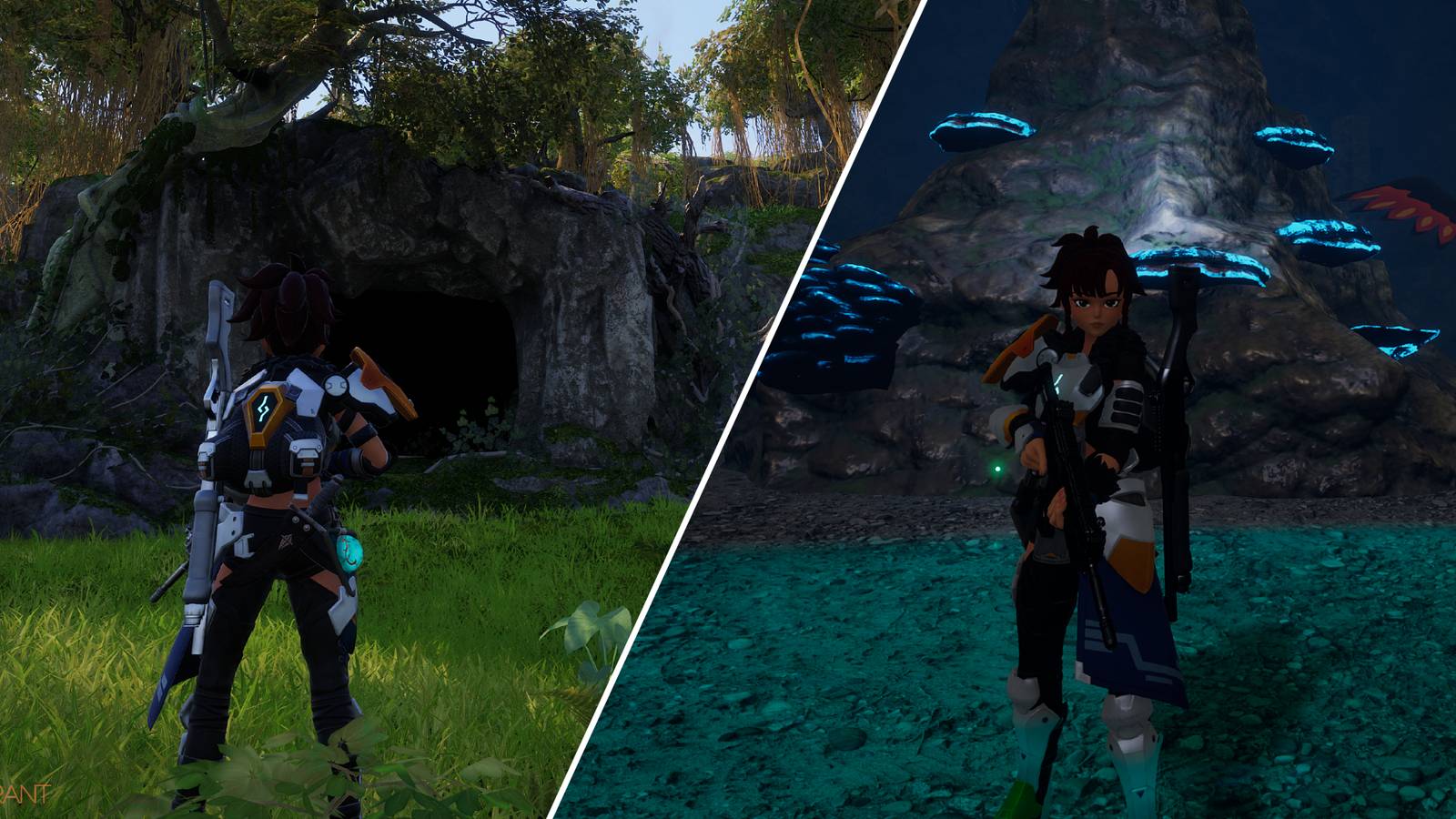 Split-image showcasing a dungeon in Palworld 