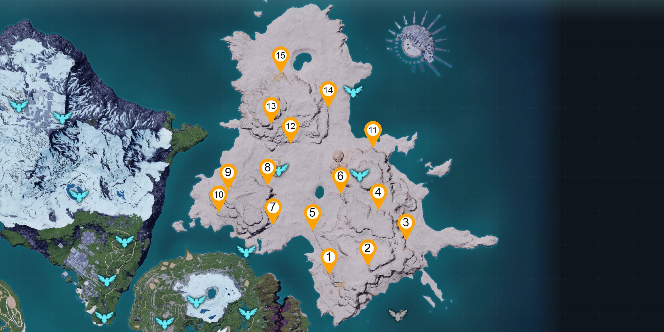 Map overview showcasing the Dungeon locations on Dessicated Desert in Palworld 