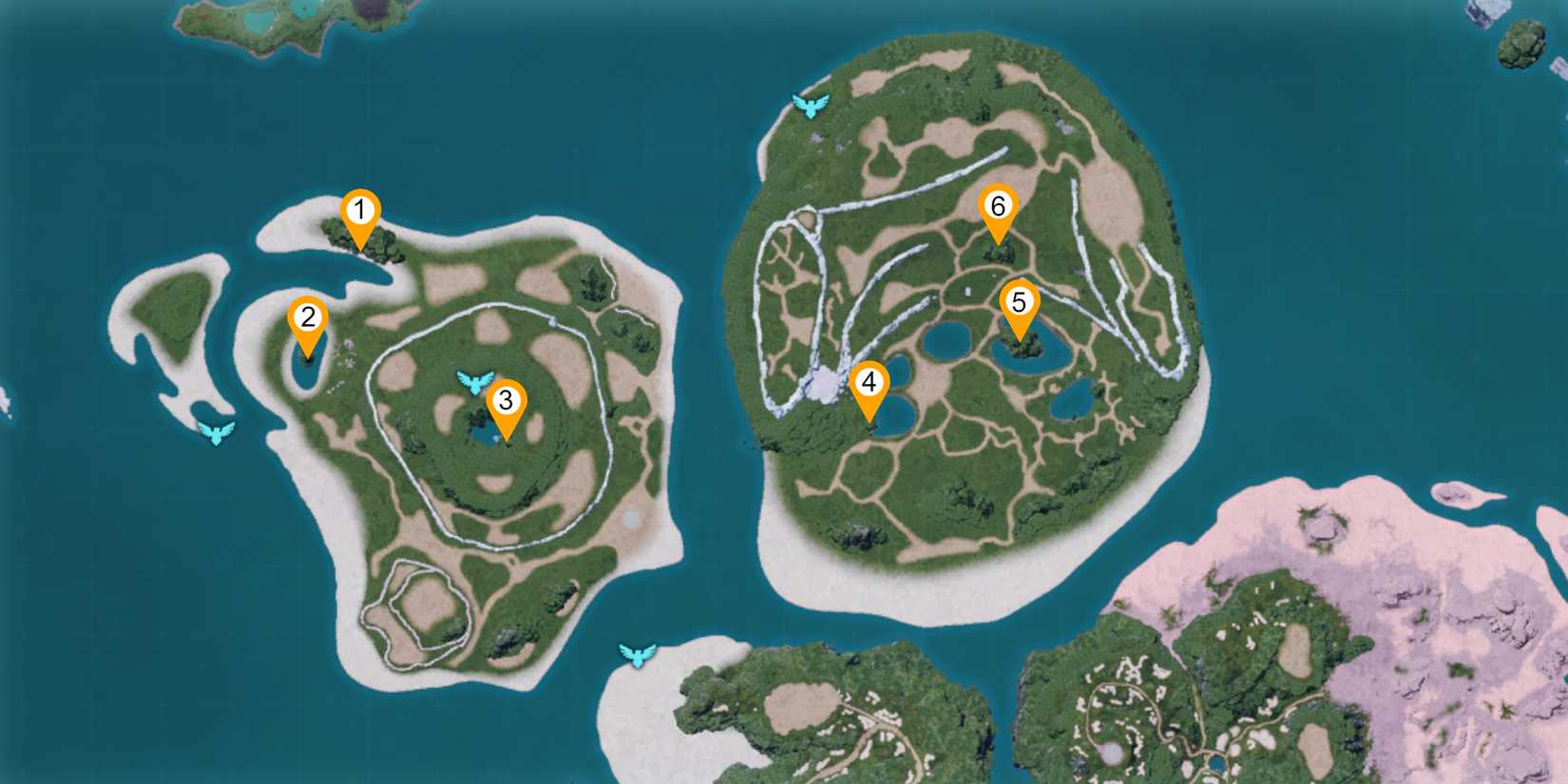 Map overview showcasing all Dungeon locations on Forgotten Island & Ice Wind Island in Palworld