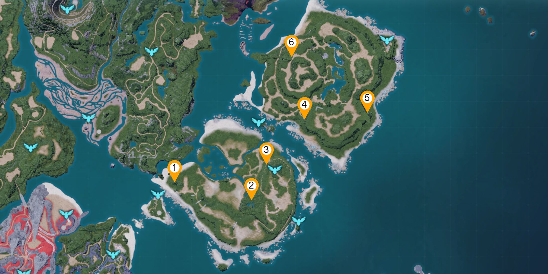 Map overview showcasing all Dungeon locations on Marsh Island & Eastern Wild Island in Palworld