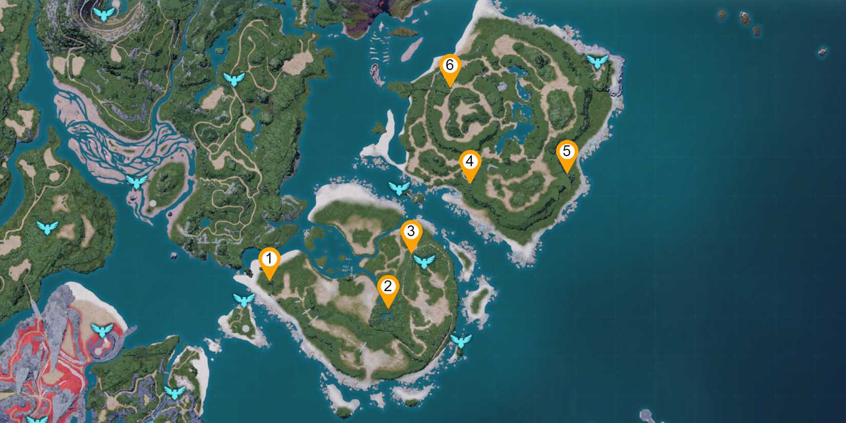 Map overview showcasing all Dungeon locations on Marsh Island & Eastern Wild Island in Palworld