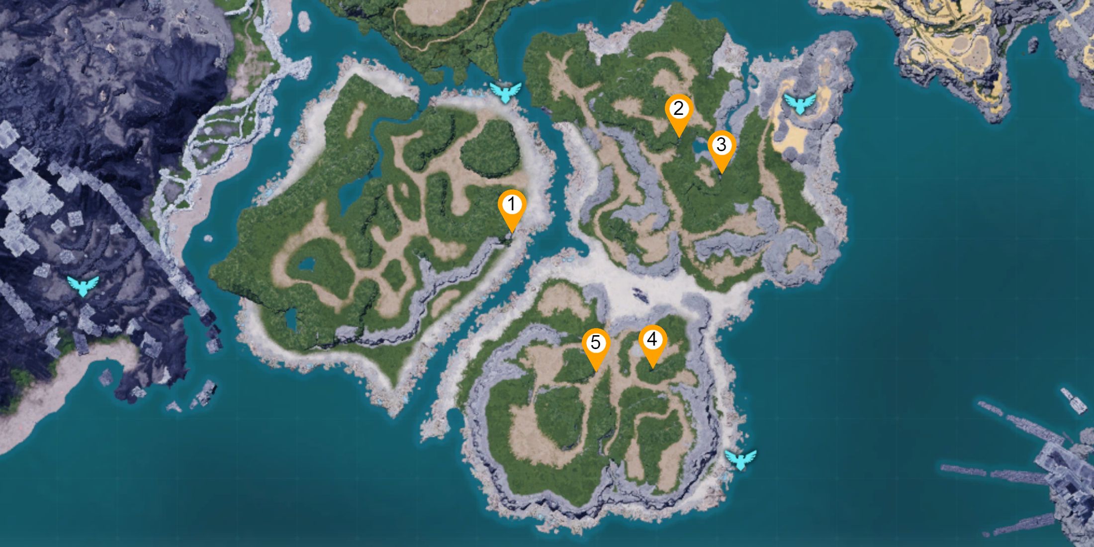 Map overview showcasing all Dungeon locations on Sea Breeze Archipelago in Palworld 