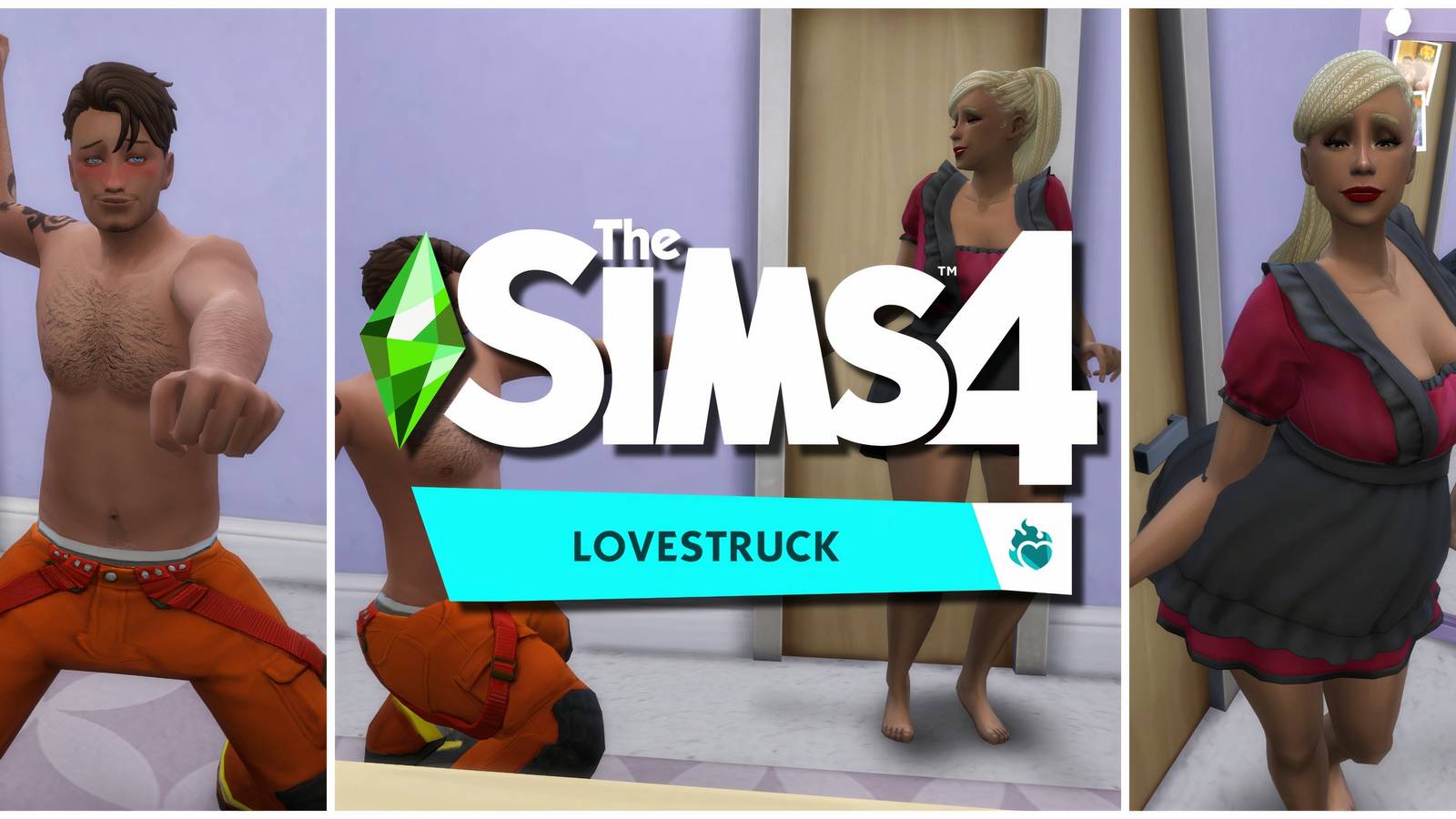 Two Sims dancing in flirty costumes and the Lovestruck logo
