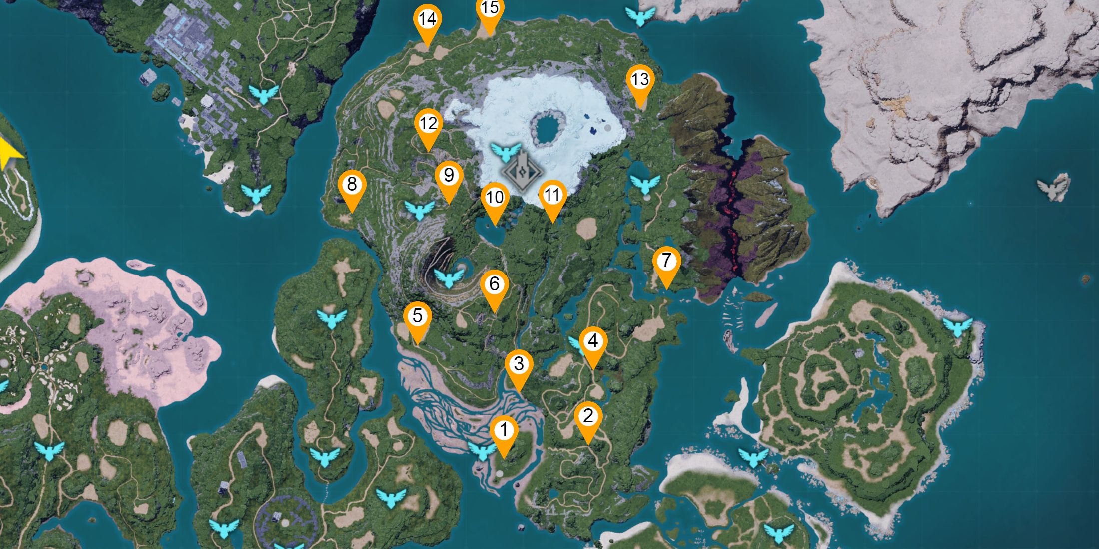 Map overview showcasing all Frostbound Mountains & Verdant Brook dungeon locations in Palworld 