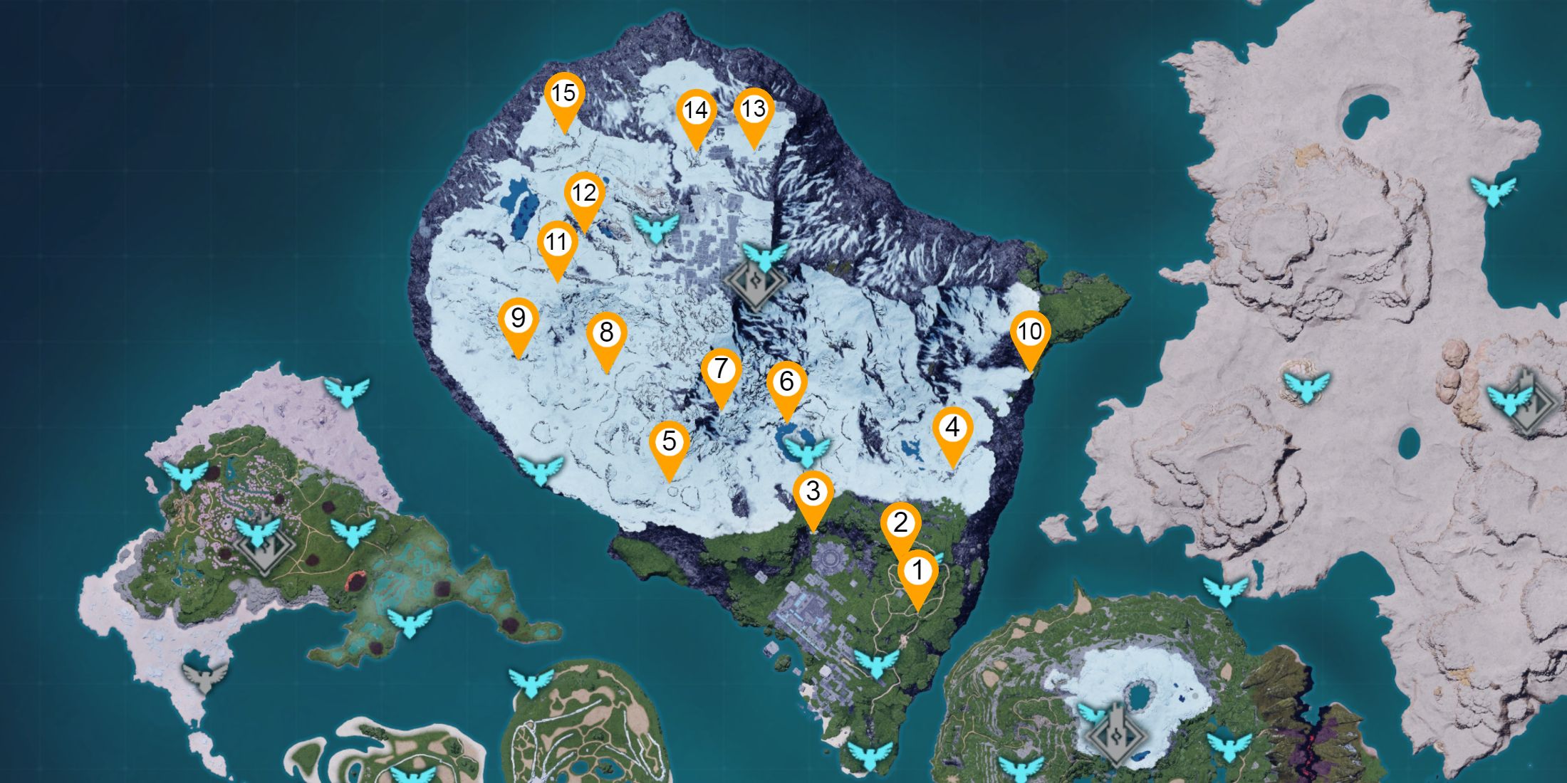 Map overview showcasing all Land Of Absolute Zero dungeon locations in Palworld 