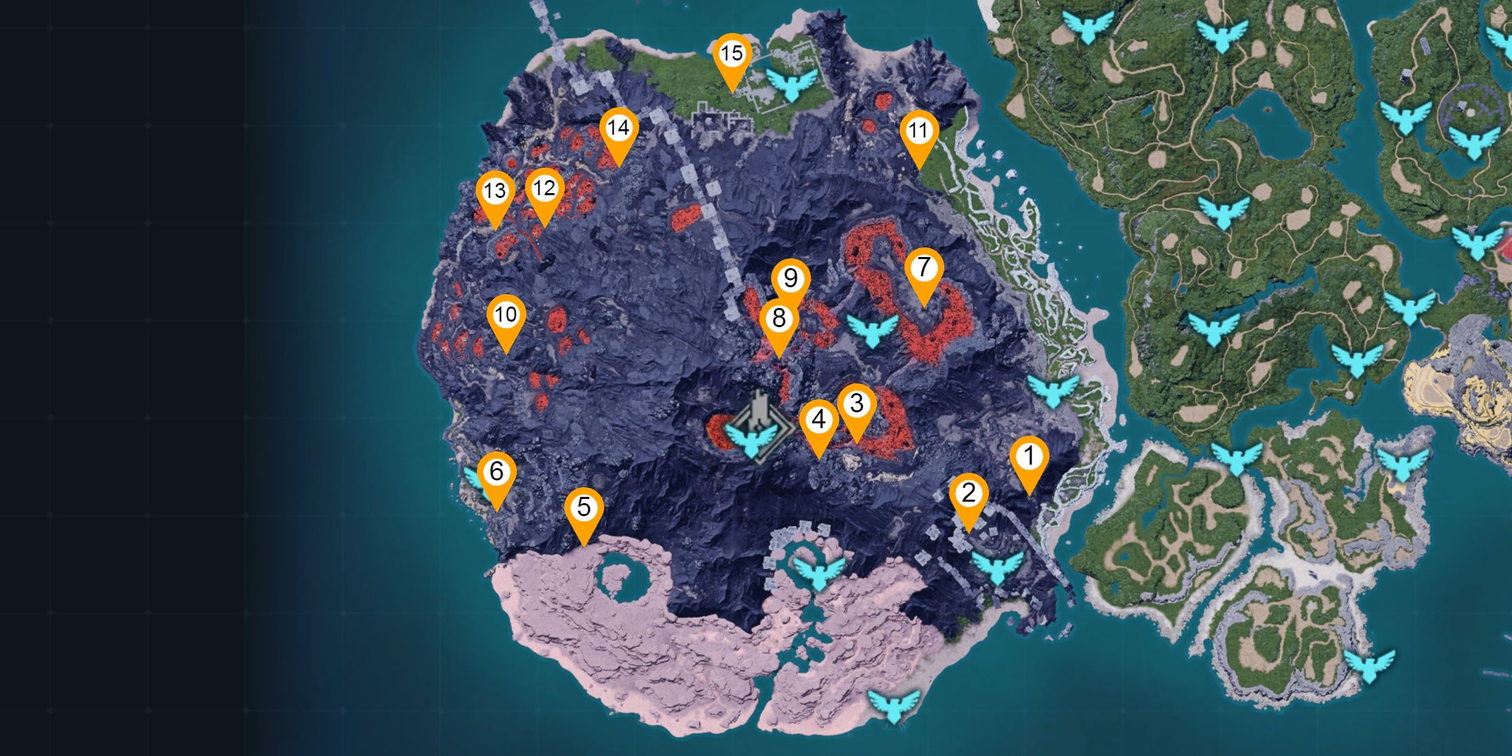 Map overview showcasing all Mount Obsidian dungeon locations in Palworld 