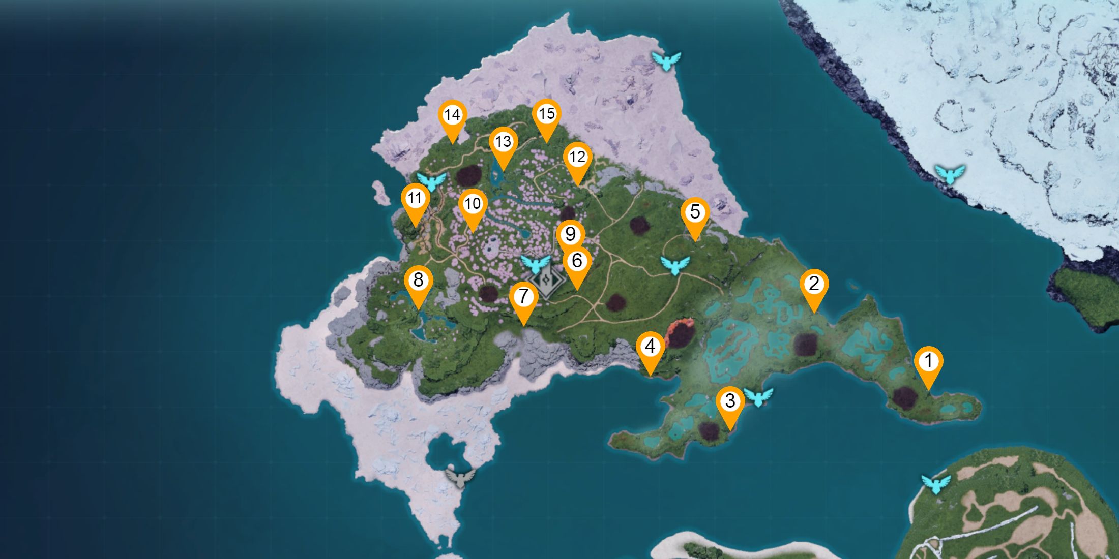 Map overview showcasing all Sakurajima island dungeon locations in Palworld 