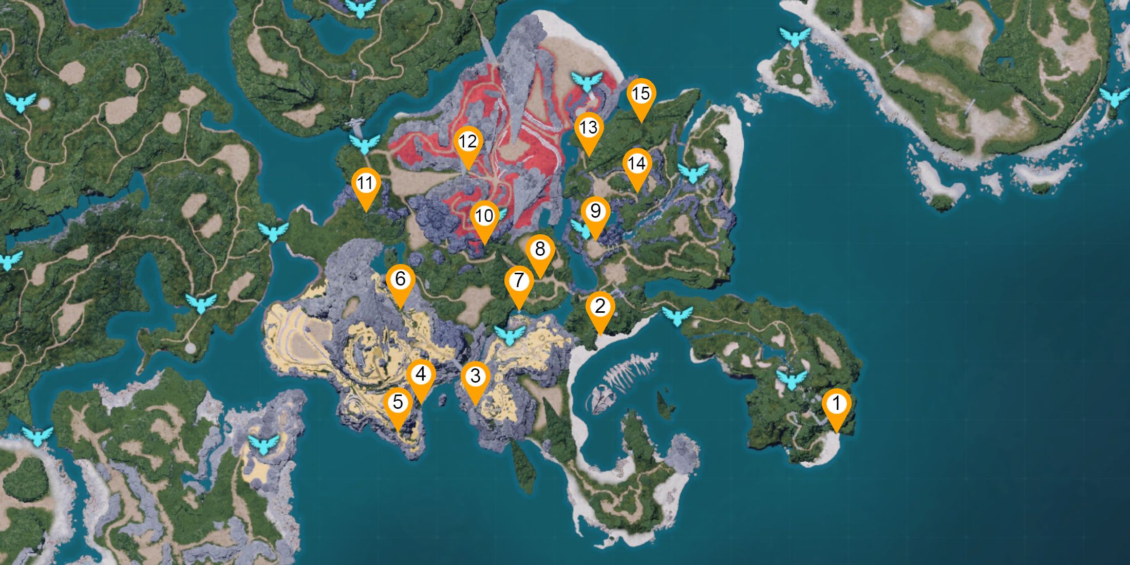 Map overview showcasing all Windswept Hills dungeon locations in Palworld 