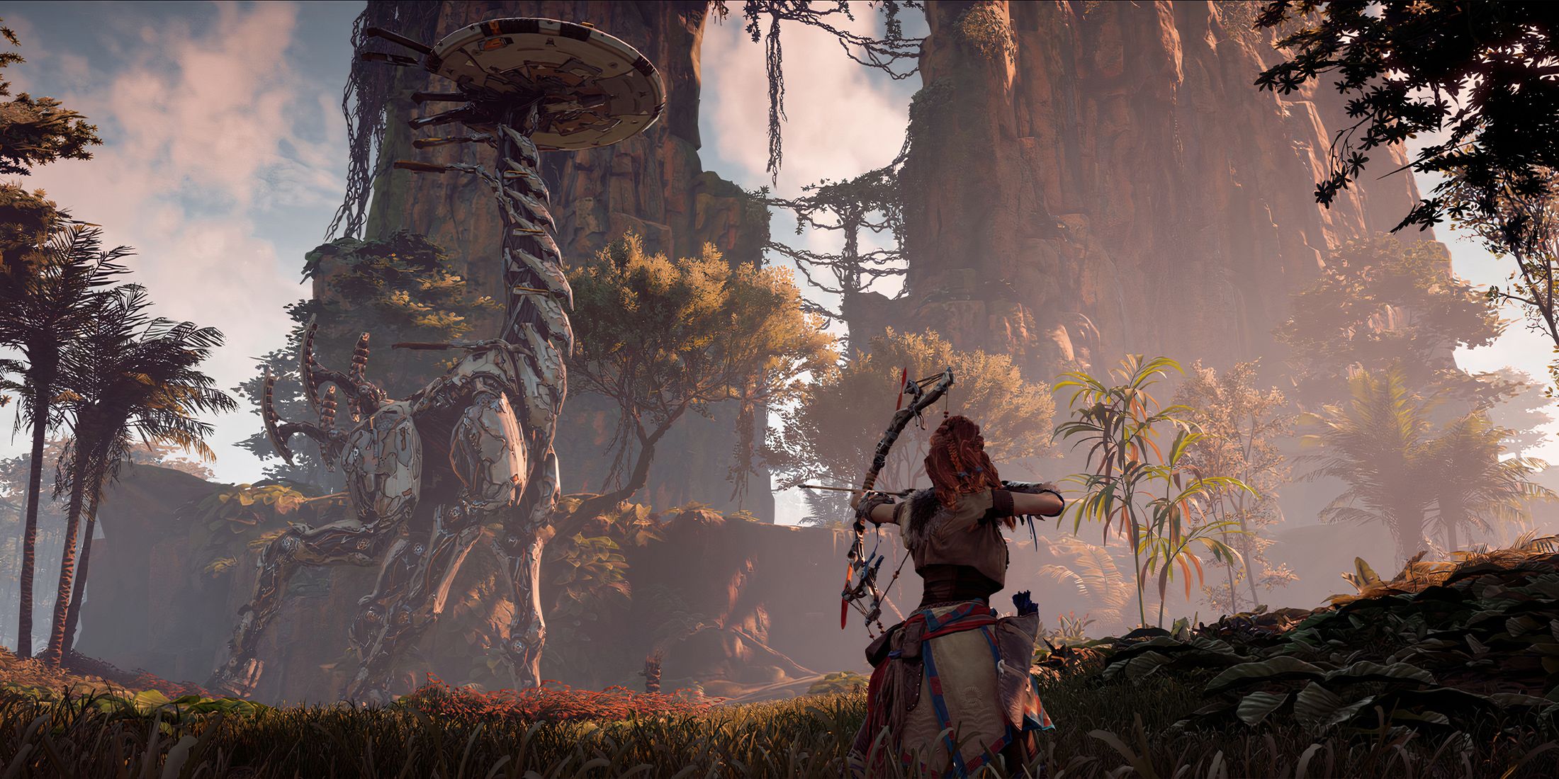 Aloy aiming her bow at a Tallneck in Horizon Zero Dawn