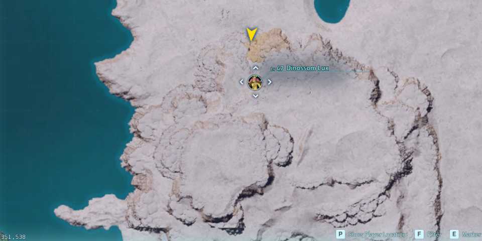 Screenshot showcasing the Alpha Dinossom Lux map location in Palworld
