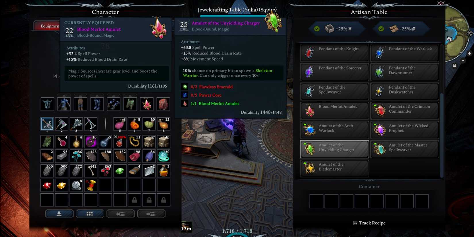 image of the icon and stats for the Amulet of the Unyielding Charger in V Rising