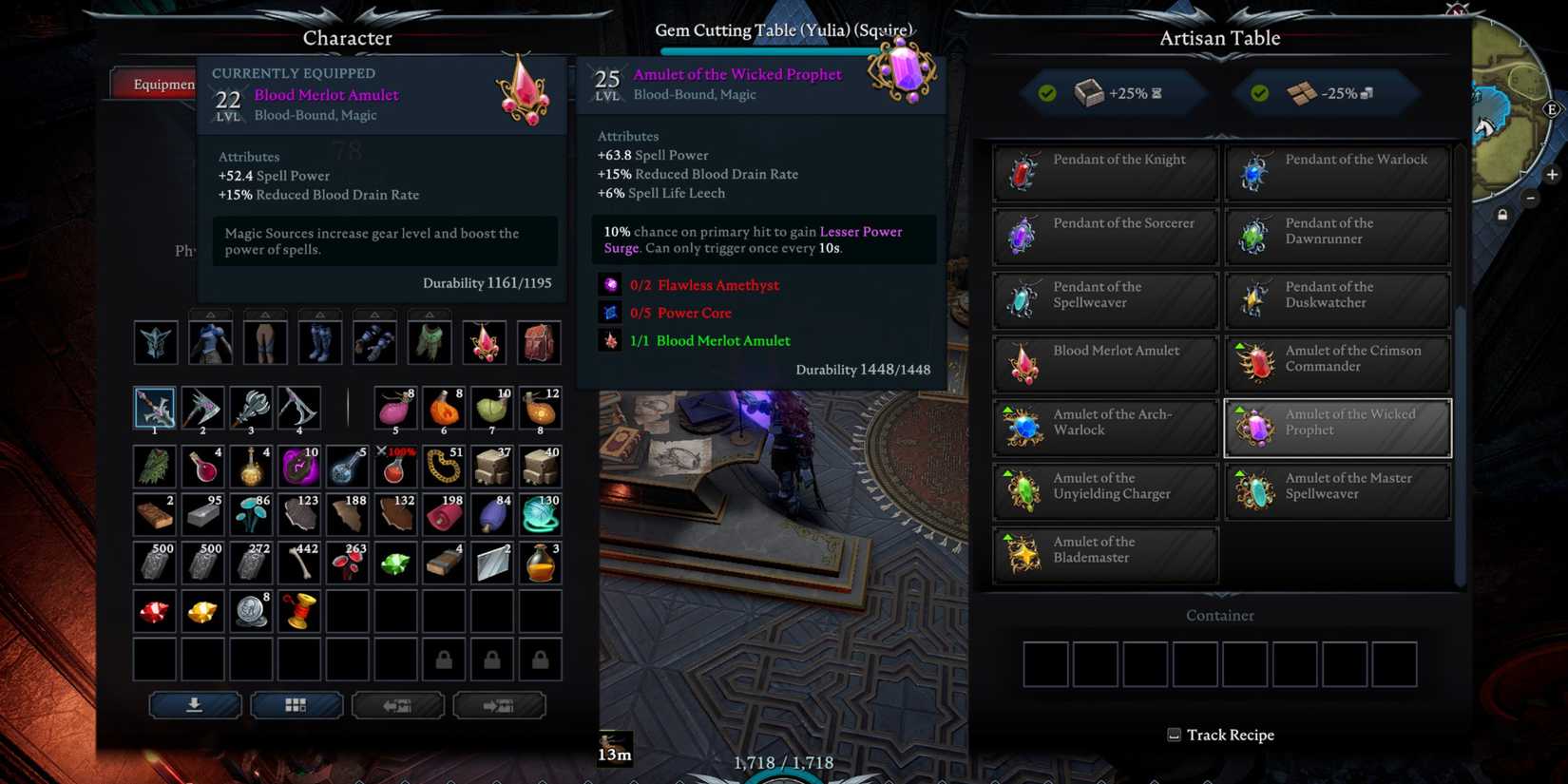 image of the icon and stats for the Amulet of the Wicked Prophet in V Rising