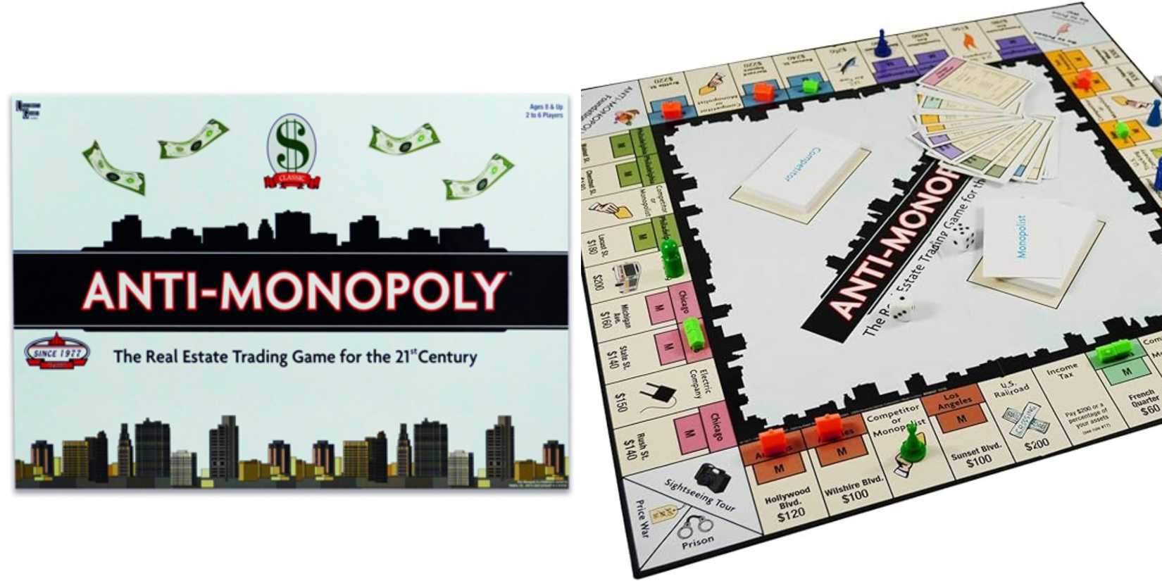 Anti-Monopoly box and the square board with muted colours