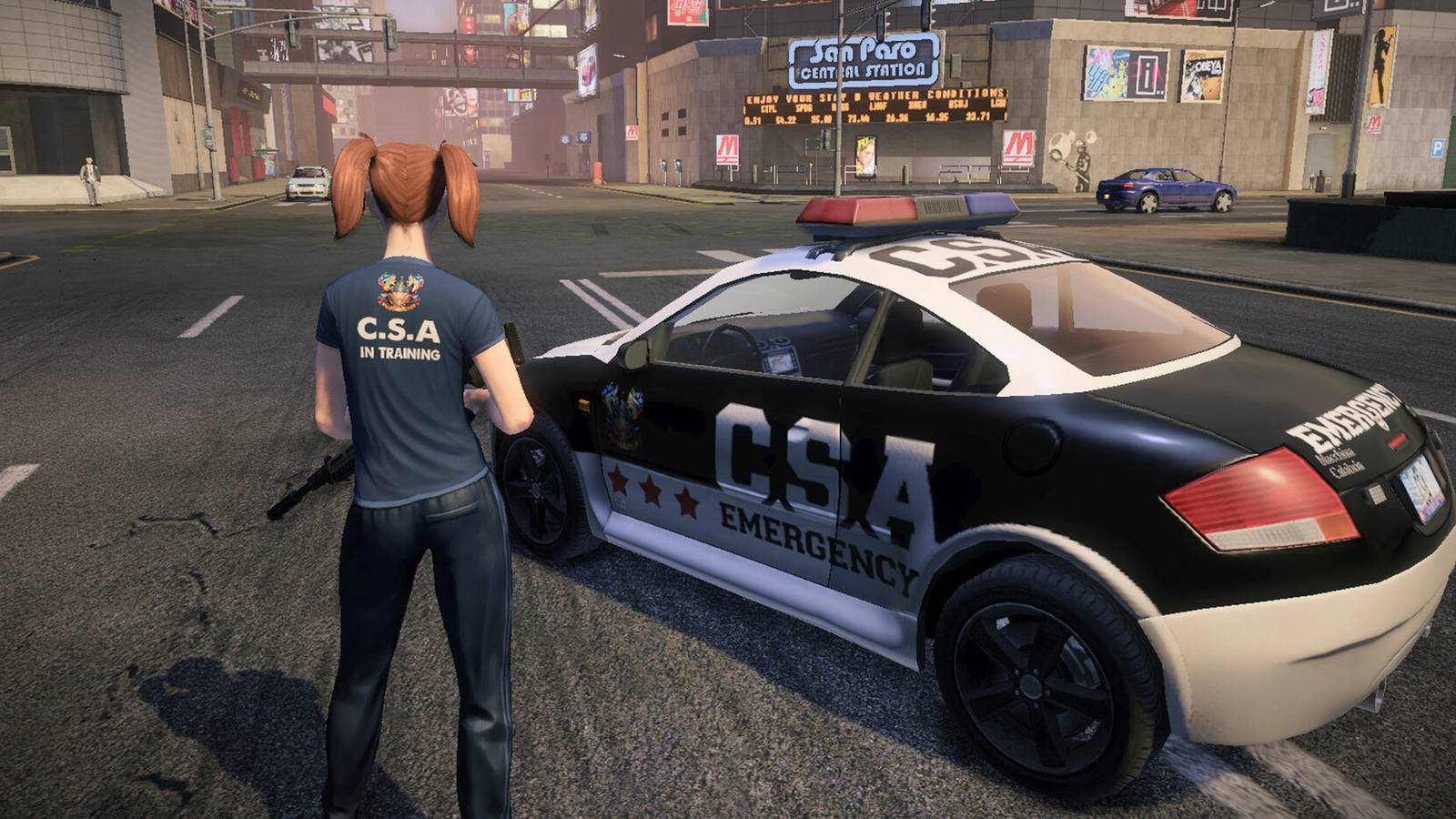 APB Reloaded CSA Emergency Car next to In Training Agent street screenshot