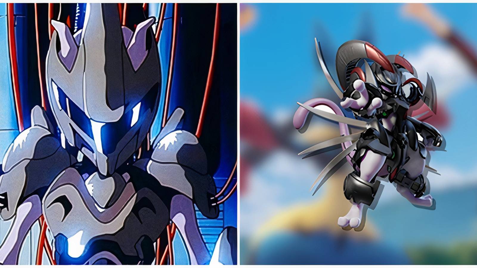 Split image of Armored Mewtwo in the Pokemon movie and in Pokemon GO