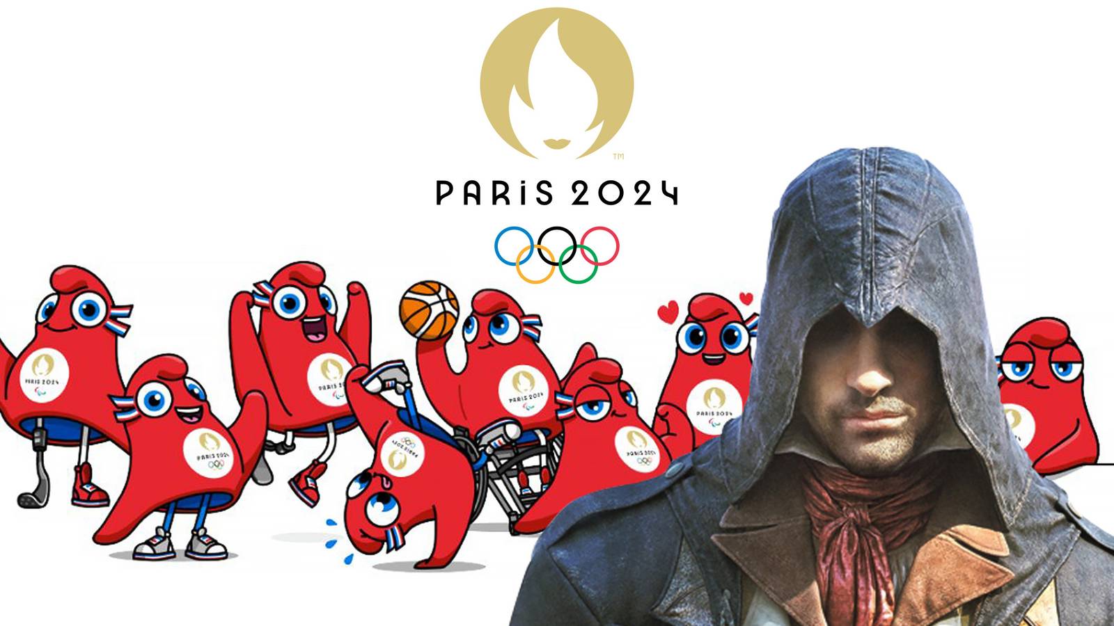 Arno from Assassin's Creed Unity next to The Phryges mascots and Paris 2024 Olympics logo 2x1 composite